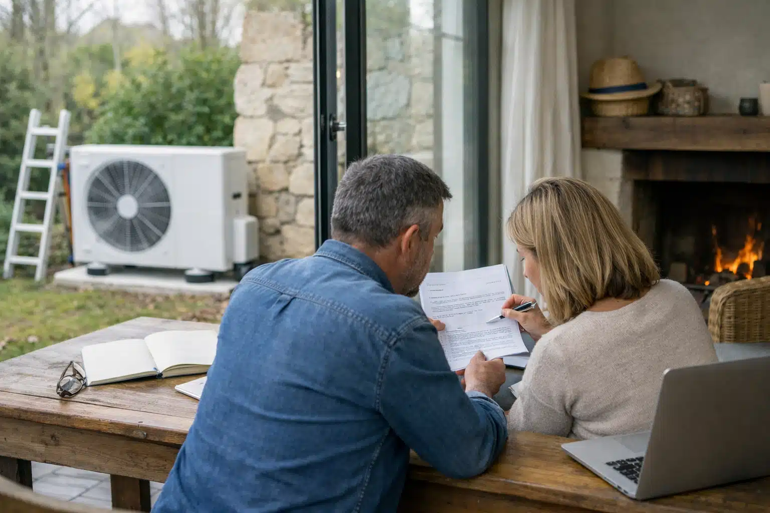 Couple consultant des documents à table