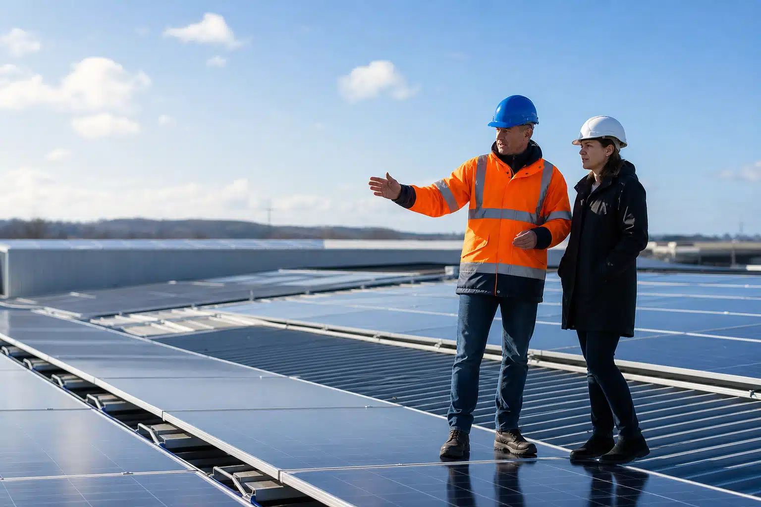 Deux techniciens sur toit avec panneaux solaires