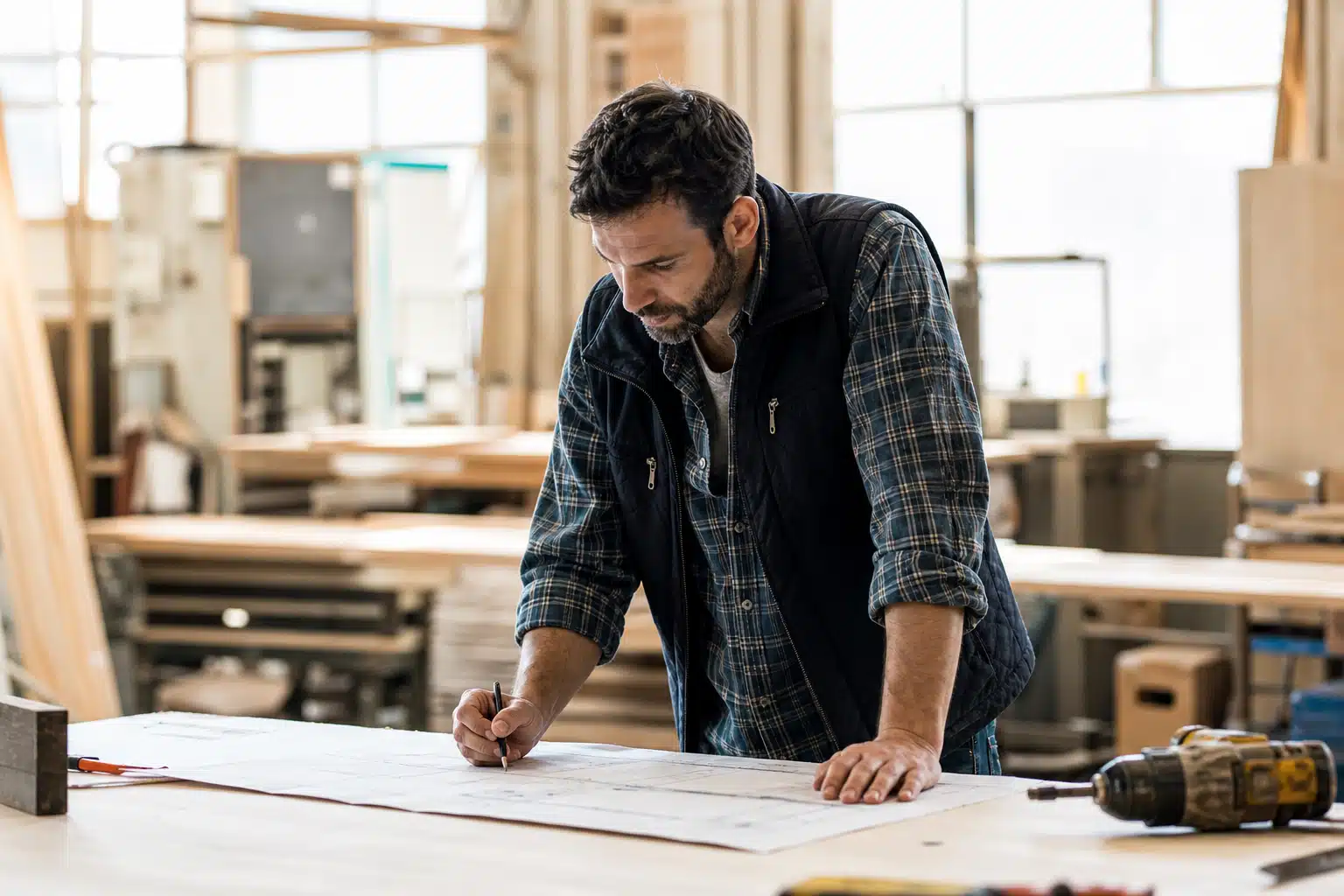 Artisan concentré dessinant un plan sur établi